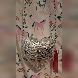 NWT Betsy Johnson Stole My Heart Silver Mirror Formal Crossbody Clutch Purse Bag